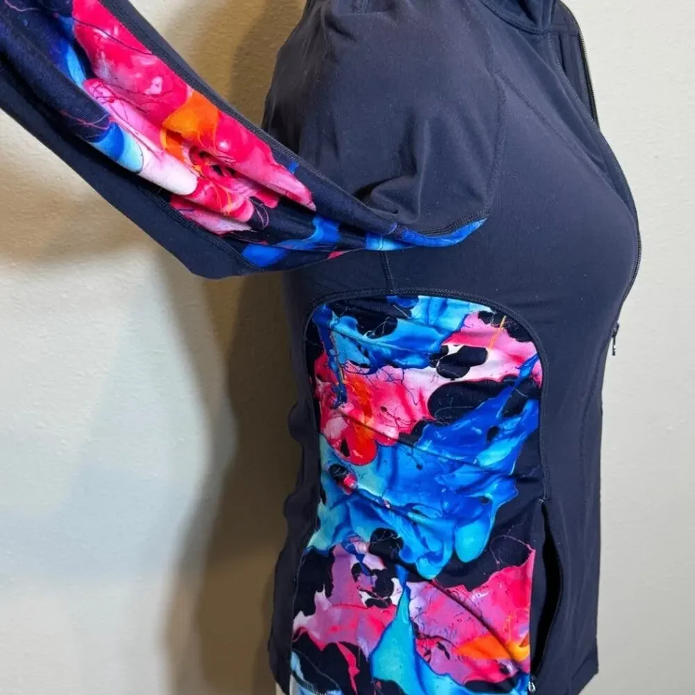 Athleta jacket navy & vivid pink red blue floral pattern on sides full zip Sz M